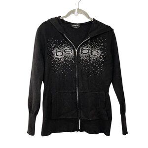 VTG Bebe Y2K Rhinestone L Full Zip Hoody Sweater Soft Stretch Logo Black Viscose